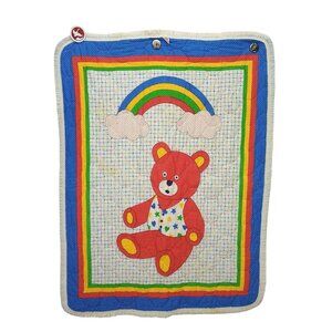 Vintage‎ 80s Baby Dreams Quilted Baby Blanket With Rainbow & Teddy Bear Design